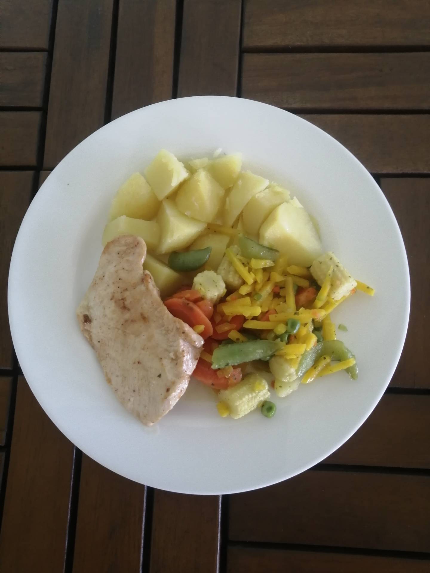 přírodní kuřecí plátek, mrkev na másle, vařené brambory